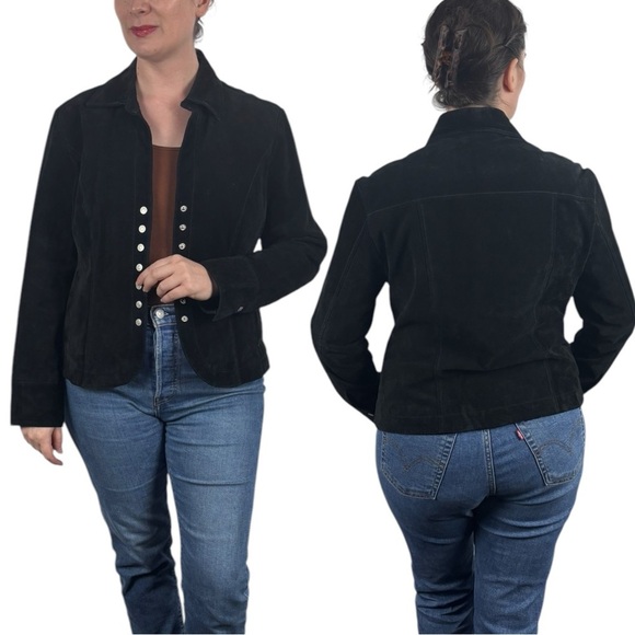 DRESSBARN Y2K BLACK SUEDE FITTED SNAP FRONT TAILORED LEATHER JACKET - Picture 2 of 15